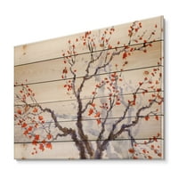 Designart 'muguri și flori roșii pe arborele înflorit de primăvară' imprimeu tradițional pe lemn Natural de pin