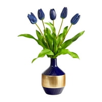 Aproape Natural 22 aranjament floral artificial lalea olandeză în vază de Designer albastru și auriu, albastru