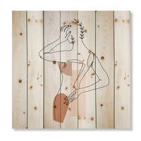Designart 'One Line Woman Portrait cu forme și frunze II' Imprimeu Modern pe lemn Natural de pin