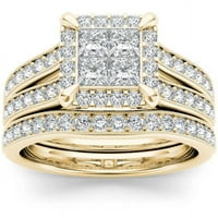 1-carate TW diamant Split Gamba Cluster Halo 14kt aur galben inel de logodna Set