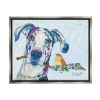 Stupell Industries Dane & Songbird cocoțat ramură florale câine colaj pictura luciu Gri plutitoare înrămate panza imprimare arta