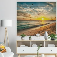 Designart 'White Beach în insula Barbados' peisaj marin Modern imprimat pe lemn Natural de pin