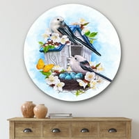 Designart 'două păsări Tit stând lângă cuib cu ouă și flori albe II' tradiționale cerc metal perete Art-Disc de 36