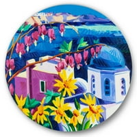 Designart 'colorat tradițional Santorini biserici printre flori' nautic & Coastal Circle Metal Wall Art-Disc de 23