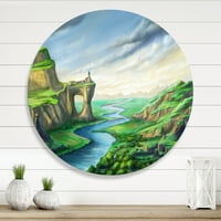 Designart 'râu șerpuitor cu peisaj albastru Fantasy' Lake House Circle Metal Wall Art-Disc de 23