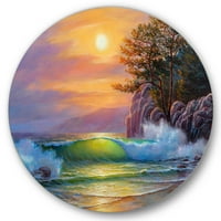 Designart 'Sunrise On Sea Waves By the Pine Trees' Nautical & Coastal Circle Metal Wall Art-Disc de 23