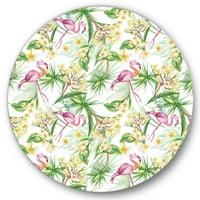 Designart 'flori galbene, frunziș Tropical cu Flamingo IV' modern Circle Metal Wall Art-Disc de 11