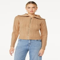 Scoop femei cu maneca lunga Zip Cablu tricot Cardigan pulover, dimensiuni XS-XXL