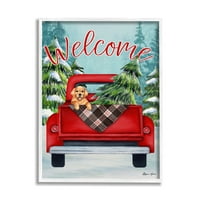 Stupell Industries Winter Welcome Red Truck Crăciun câine de companie artă grafică artă albă încadrată imprimare artă de perete,