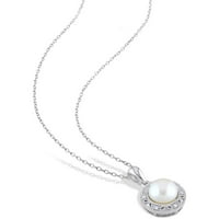 Buton alb cultivat perle de Apă Dulce și diamant-Accent argint Sterling rotund Halo pandantiv, 18