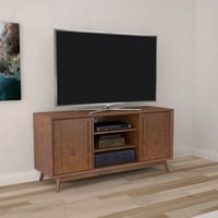 Twin Star Home Leawood TV Stand pentru televizoare până la cu raft Media Central deschis și două dulapuri laterale, cireș de mahon