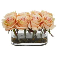 Aproape Natural 5.5 trandafiri portocalii înfloriți în vază de sticlă aranjament Artificial