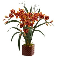 Aproape Natural 29 Cymbidium orhidee aranjament Artificial în vază roșie