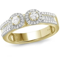 Carat T. W. inel din două pietre cu diamant alb tăiat rotund și baghetă de 10kt Aur Galben