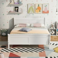 Hommoo cadru de pat cu platformă de dimensiuni mari, cu tăblie și picioare din lemn, Suport pentru șipci din lemn, alb