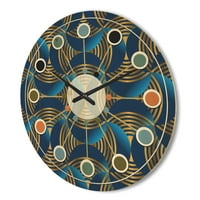 Designart 'valuri abstracte geometrice în albastru marin și aur' Ceas de perete Modern din lemn de la mijlocul secolului