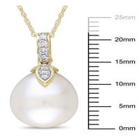 Alb De Apă Dulce cultivate perla și carate TW Diamond 10kt aur galben picătură pandantiv cu lanț