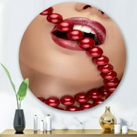 Designart 'fata gura cu ruj rosu musca perle roșii' moderne cerc metal perete Art-Disc de 29