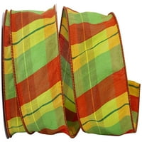 Panglică în carouri de toamnă din hârtie, Dupioni Plaid Orange & Lime Green, 4in 10yd, 1 pachet