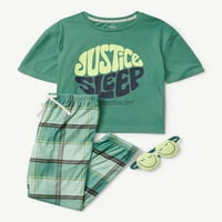 Justice Girls tricou grafic cu mânecă scurtă cu pantaloni Jogger în carouri și mască de ochi zâmbitoare Set 3-Pc, Dimensiuni 5-18Plus