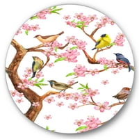 Designart 'colorat păsări mici pe flori de primăvară copac' tradiționale cerc metal perete Art-Disc de 29