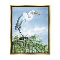 Egreta Pasăre Echilibrare Ramură Animale & Insecte Pictura Aur Metalic Încadrată Arta Imprimare Perete Arta