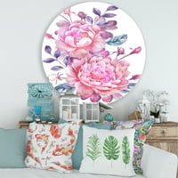 Designart 'flori Retro roz cu frunze albastre pe alb' artă tradițională de perete din metal cerc-Disc de 29