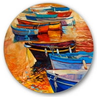 Designart 'bărci în timpul cald Colourd Apus de soare în Port I' nautic & Coastal Circle Metal Wall Art-Disc de 23