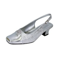 Jolie femei lățime largă Elegant toc scăzut Rochie Slingback Pantofi de argint 7.5