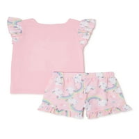 Set de pantaloni scurți de pijama Btween Girl ' s Unicorn Love Ruffle, 2 piese, dimensiuni 4-12