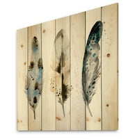 Designart 'Colourful Boho Art Feathers V' Imprimeu boem și Eclectic pe lemn Natural de pin