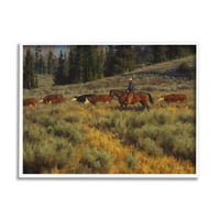 Cowboy Conducere Bovine Luncă Animale & Insecte Pictura Alb Înrămate Arta Imprimare Perete Arta