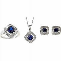 Diamant Accent și rotund creat Perna-Cut albastru safir argint-ton inel, cercei și pandantiv Set, 18