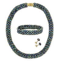 Set de bijuterii cu perle negre din 3 piese Miabella pentru femei-colier dublu 17, brățară și cercei 7