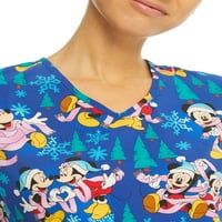 Scrubstar femei Disney Mickey si Minnie Winter Cheer V-Neck Print Scrub Top