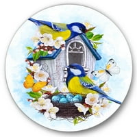 Designart 'două păsări Tit stând lângă cuib cu ouă și flori albe I' tradiționale cerc metal perete Art-Disc de 36