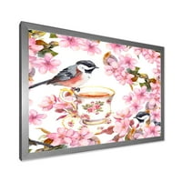 Designart 'ceașcă de ceai păsări și flori roz' imprimare tradițională de artă încadrată