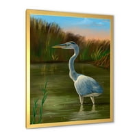 Designart 'Blue Heron Wetland Bird pe malul lacului' imprimare tradițională de artă încadrată