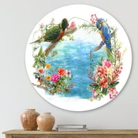 Designart 'Parrots and Flowers By the Blue Waterside' artă tradițională de perete din metal cerc-Disc de 11