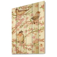 Designart 'păsări minunate pe ramuri de migdale înflorite' imprimeu tradițional pe lemn Natural de pin
