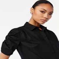 Scoop femei supradimensionate Buton-up cămașă cu Ruched Mâneci scurte
