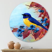 Designart 'Bright Bird Bullfinch așezat pe o ramură de fructe de padure I' traditional Circle Metal Wall Art-Disc de 11