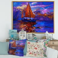 Designart 'navă cu pânze roșii pe Apus de soare violet în Ocean albastru' imprimare de artă de perete cu pânză încadrată nautică și de coastă